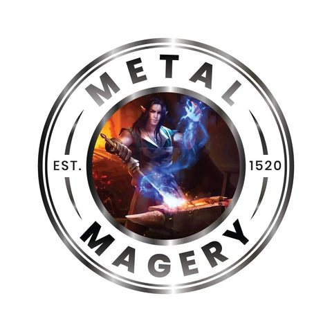 Circular logo with 'Metal Magery' text, featuring a fantasy character wielding glowing tools, suggesting metalworking or magic.