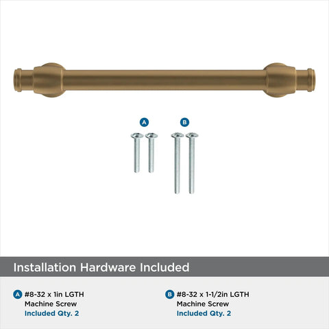 Champagne Bronze Traditional Cabinet Pull For Cabinets And Furniture Five And One Sixteenth Inch Center To Center Mounting shown with screws.