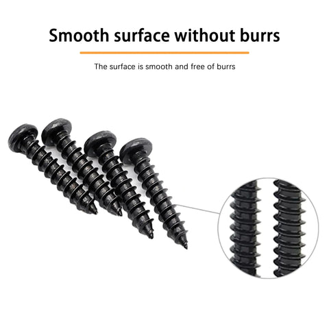 Close-up of Heavy Duty No 4 Wood Screws Three Quarters Inch Black Zinc Plated Carbon Steel Phillips Pan Head Self Tapping