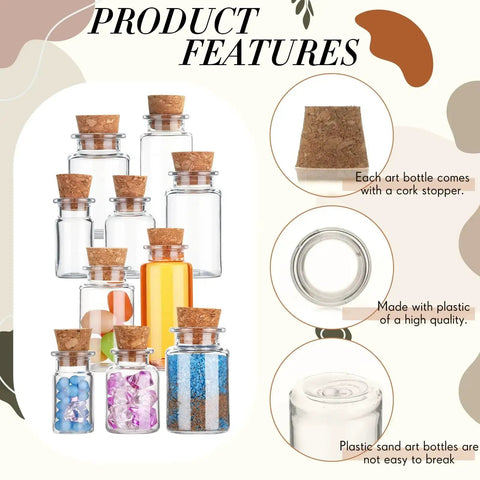Awesome 25 Pack Mini Plastic Bottles With Cork Stoppers And Eye Screws, featuring colorful sand art, high-quality plastic, and cork stoppers