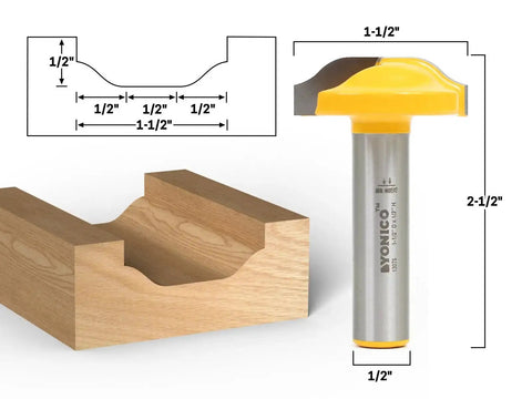 Raised Panel Cabinet Door Router Bit For CNC And Handheld Routers, 1.5 Inch Cutting Diameter, 0.5 Inch Shank, side view with dimensions