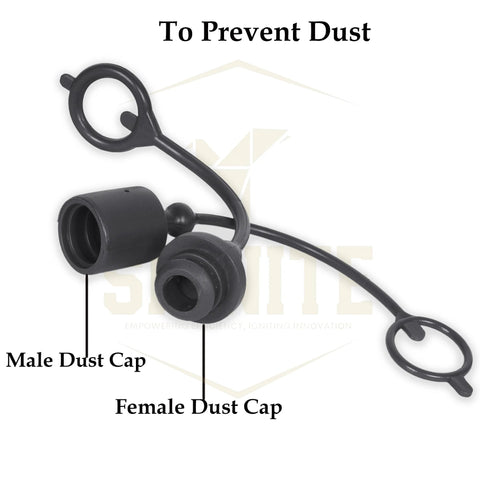 2-pack black tractor hydraulic quick-disconnect dust caps with tether; includes male dust cap and female plug cover.