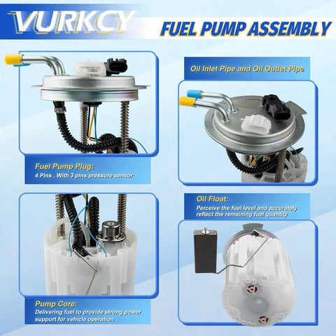 Electric Fuel Pump Module Assembly Replacement E3797M FG1055 with oil inlet, outlet pipe, plug, float, and core details.