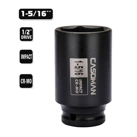 Beefy Half Inch Drive 6-Point Deep Impact Socket 1-5/16 Inch SAE Cr-Mo High Torque For Axle Shaft Nuts Corrosion-Resistant Tool