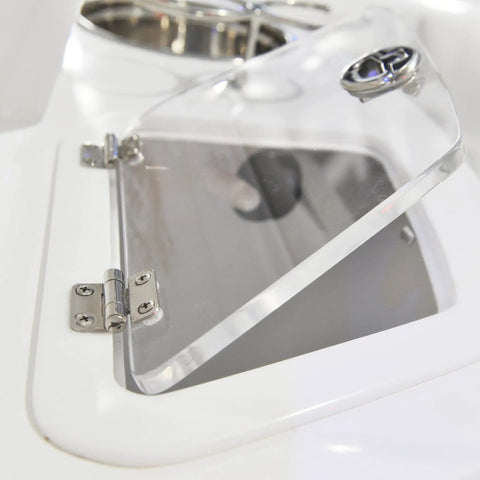 Barrel Up Friction Hinge in 316 Stainless Steel for lightweight boat doors and lids, showing installed hinge on compartment