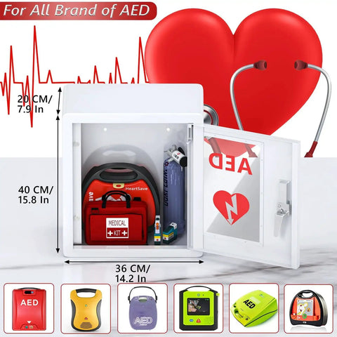 Sturdy Steel AED Cabinet Wall Mount With Clear PVC Window And Integrated Handle For Hospitals Schools And Offices Defibrillator Storage Case Durable Washable Surface Corrosion Resistant Easy Access Safe Stow NLShan, showcasing medical kit inside