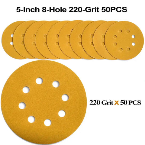 Image of 5 Inch Sanding Discs 220 Grit Hook Loop 8 Hole Random Orbit 50 Pack stacked showing front view