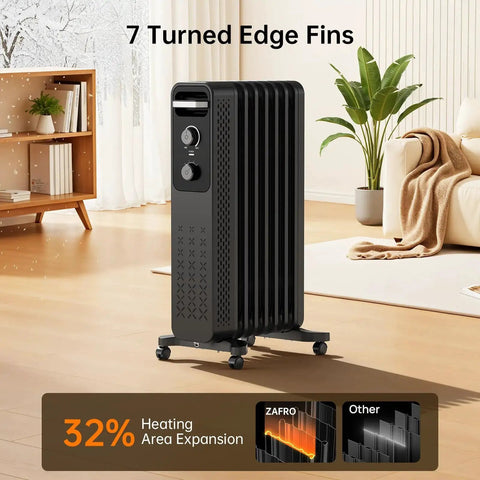Efficient 1500W Oil Filled Radiator Heater With Rapid Whole Room Warmth 7 Turned Edge Fins Energy Saving Electric Space Heater