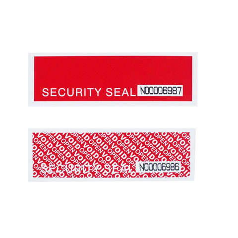 TamperSeals Group red tamper-evident tape label with serial N00006987; bottom label shows OPEN VOID pattern.