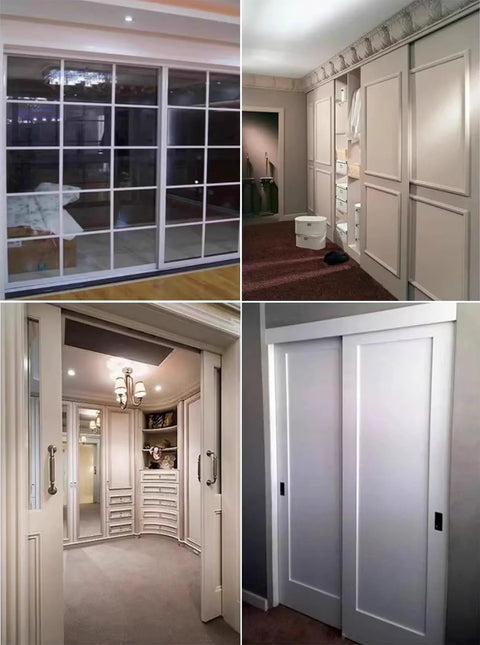 Smooth Glide Cabinet Sliding Door Kit With Double Rails For Kitchen And Wardrobe Interior Bypass Barn Door Hardware Wall Mount System For 36 48 Or 60 Inch Openings Champagne Finish Includes 4 Rollers And Aluminum Track, featuring installed doors in various settings