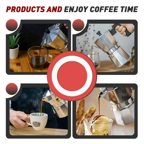 Collage showing Moka Express coffee maker in use with coffee being poured into cups