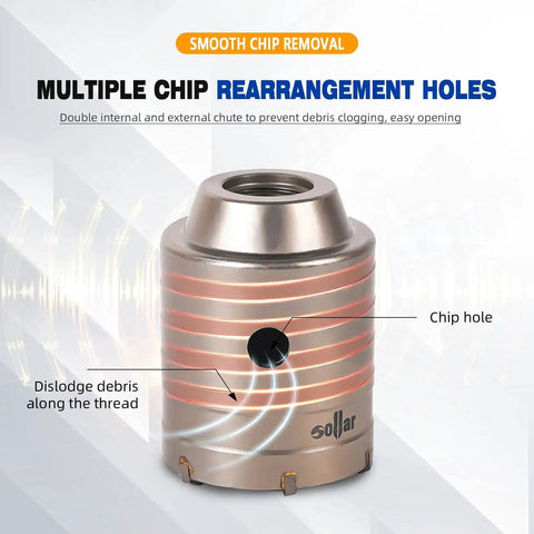 Close-up of a piece from 11 Piece Concrete Hole Saw Kit With 300mm SDS Plus And MAX Shank Tungsten Carbide Tips and Hardened High Carbon Steel Body showing chip removal feature.