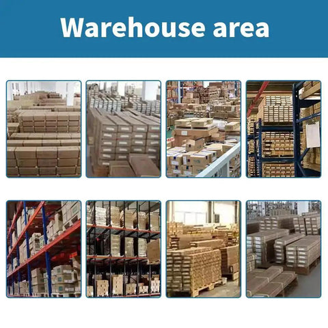 Warehouse area with shelves packed with boxes, showcasing organized inventory storage.