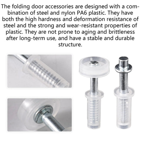 Close-up of 8 pcs bi fold door top roller guide wheel and top pivot spring loaded kit showing steel and nylon PA6 plastic components