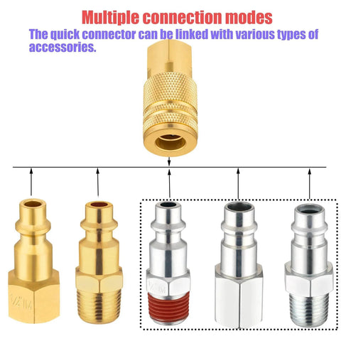 Brass Air Hose Fittings Kit With One Quarter Inch NPT Quick Connect Couplers Eight Piece Industrial Air Hose Repair Set For Compressors 300 PSI Max Durable Brass Components For Home Garage And Pro Use, showing multiple brass and steel connectors