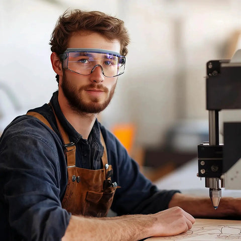 Person wearing CO2 Laser Eye Protection Glasses For Real Safe Laser Cutting And Engraving OD5 Plus Absorption Filtering Tech.