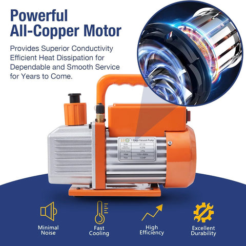 BACOENG R32 AC vacuum pump and gauge set, 4 CFM, orange housing, front view.