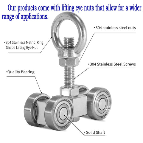 Four Wheel Silent Bearing Trolley Assembly with lifting eye nuts, 304 stainless steel, quality bearings, for 1-5/8" wide Unistrut strut channel.