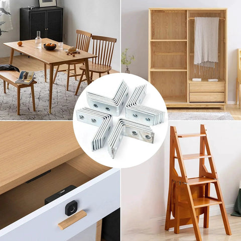 10 Pieces Iron Right Angle Corner Brackets For Furniture Cabinets Tables And Chairs Connectors Fasteners Hardware Accessories Durable 90 Degree Support For Shelves Frames And Projects shown in various home setups.