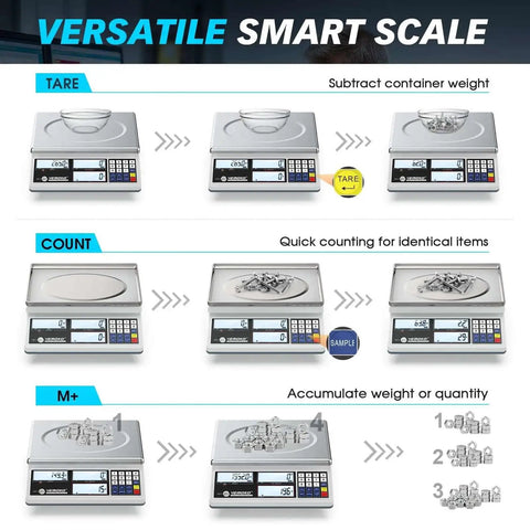 Pro Grade Industrial Counting Scale For Small Parts With 30 Kg And 66 Lb Capacity, 1G Precision, showing tare and count functions