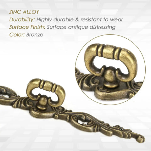 Close-up of vintage bronze long drawer pulls, 200mm length, showing zinc alloy finish, part of old school 4 pack design.