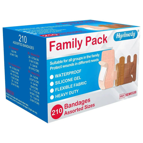 Assorted Adhesive Bandages Variety Pack With Silicone Waterproof Latex Free Flexible Fabric Heavy Duty For Wound Care And Family First Aid Kit Supplies Hysimedy 210 Counts product box