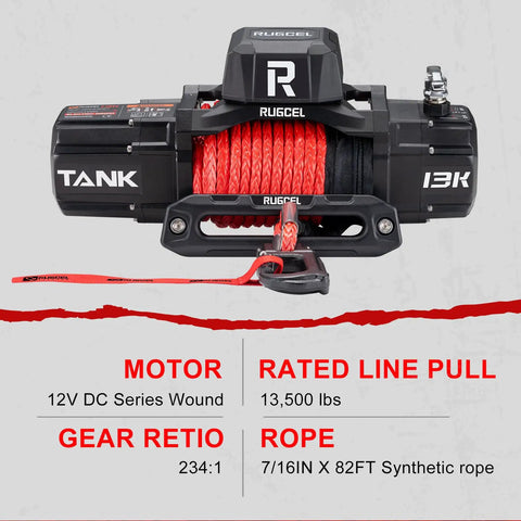 Beast Heavy Duty 13500lb Waterproof Electric Winch With Synthetic Rope For Trucks And SUVs, 12V System, Hawse Fairlead, 2 In 1 Infrared Remote And Wired Control, Red Rope RUGCEL shown with synthetic rope and motor details.