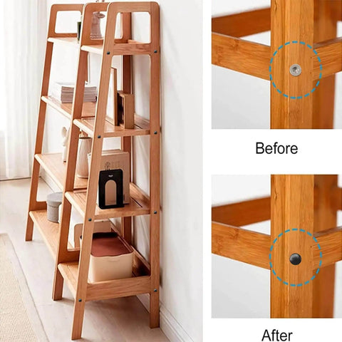 100 Dome Screw Covers Black, M4 Mirror and Glass Fastener Caps, 12mm (0.47in) Diameter x 4mm (0.16in) Thickness, shown installed on wooden shelf for concealed fastening.