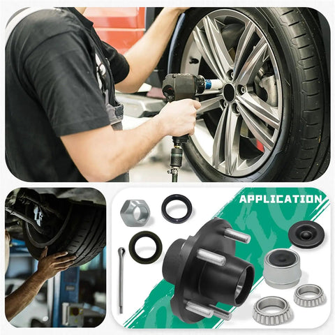 Two Pack Heavy Duty Trailer Hub Bearing Kit 5x4.5 5 Lug Fits 1 In And 1-1/16 In Straight Spindles Not For Tapered Spindles 2000 Lb Capacity Boat Trailer Axle Hub Kit With Two Hubs displayed with tire installation process.