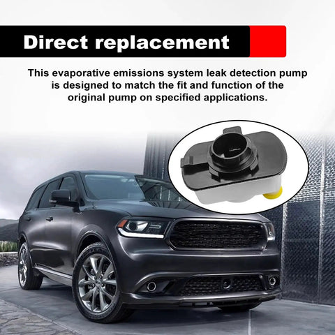 EVAP Emissions Leak Detection Pump Fits Dodge Nitro Durango Ram 1500 ProMaster Chrysler Aspen Jeep Grand Cherokee Fiat 500 500L Alfa Romeo 4C Liberty Today, shown with pump detail and SUV.