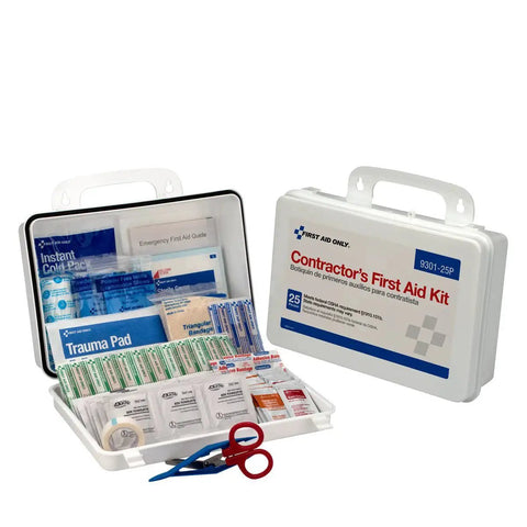 25 Person Contractor First Aid Kit for Home Renovation Job Sites and Construction Vehicles 178 Piece Worksite Ready Comprehensive Emergency Medical Kit with Bandages Gauze Antibiotic Ointment Scissors and Gloves in a Tough Portable Case by First Aid Only open with contents visible