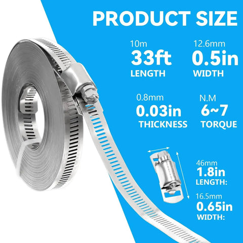 DIY 33Ft 304 Stainless Steel Hose Clamp Kit with adjustable worm gear clamps, 33ft strap, 0.5in width, product size details.