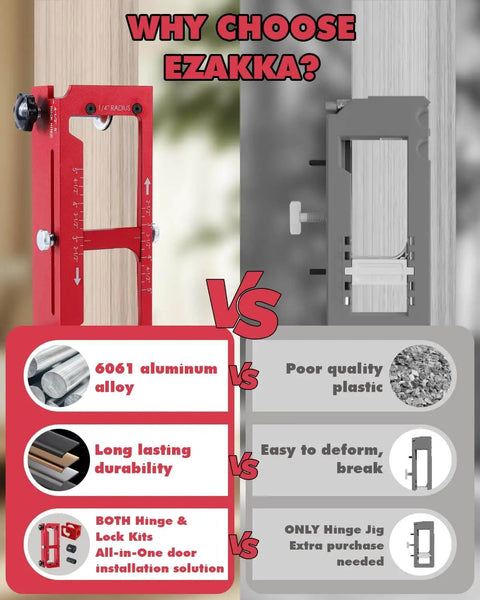 Comparison of Door Hinge Jig And Door Lock Installation Kit Pro Combo Aluminum Router Template and plastic alternative.