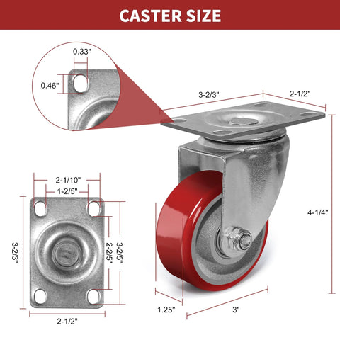 Detailed dimensions of 3 Inch Heavy Duty Swivel Caster Wheels with Brakes, featuring red polyurethane on steel wheel and top plate.