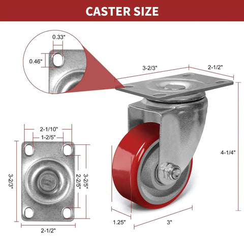 Heavy Duty 3 Inch Swivel Caster Wheels With Brake For Furniture Workbench And Cart, dimensions and mounting plate details