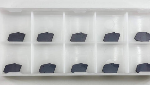 CNC Grooving Carbide Inserts GTN-2 Self Locking With PVD Black Coating For Stainless Steel, in a white plastic holder.