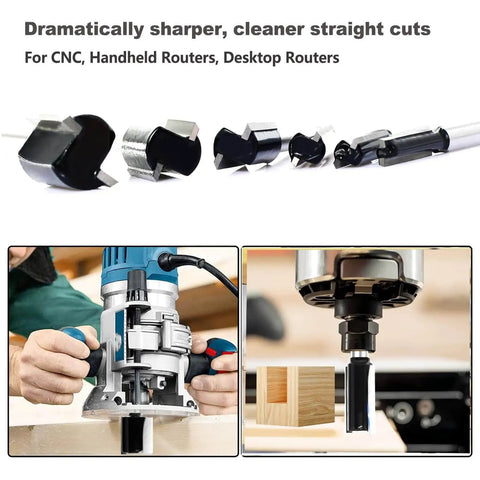 Pro Grade Six Piece Straight Router Bit Set With One Quarter Inch Shank Carbide Tipped Two Flute Bits For Woodworking