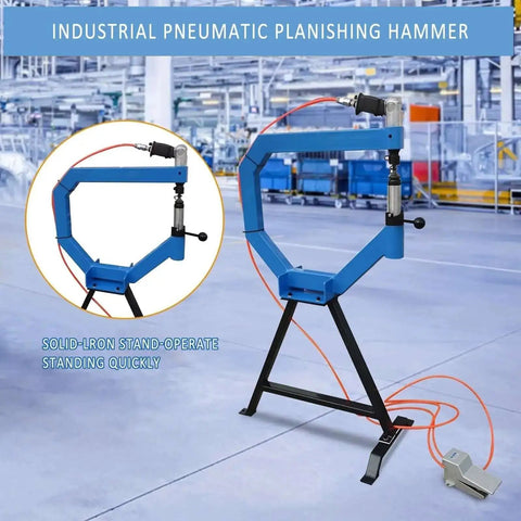Industrial Beefy Pneumatic Planishing Hammer With Four Inch Throat Anvil And Pedal Air Planishing Tool on iron stand in factory