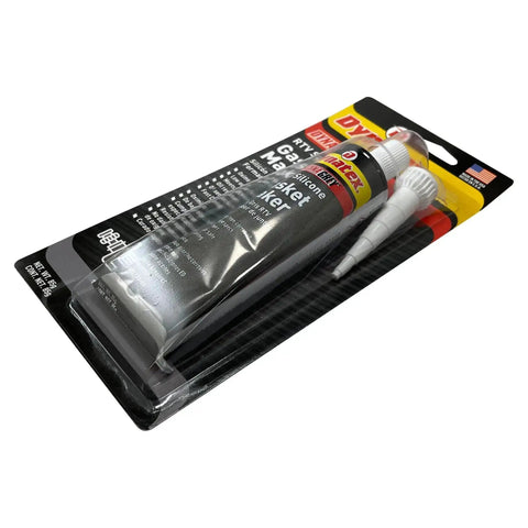 Dynatex Dynagrey RTV Silicone Gasket Maker 85g Tube Low Odor O2 Sensor Safe Non-Corrosive Sealant Designed For OEM Spec And Gearhead Approved High Torque Engines Made In USA, packaged front view.
