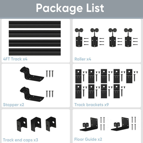 Components of Heavy Duty 16 Foot Barn Door Hardware Kit Sliding Track System for Two Doors Wall Mount Black No Doors Included