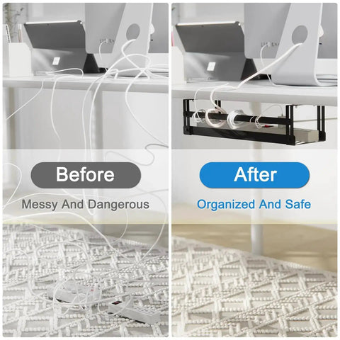 Before and after image showing under desk cable management with 17 Inch Metal Wire Organizer, power strips neatly organized off the floor.
