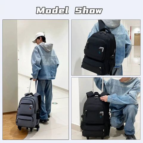 Boys Rolling Backpack With Wheels For School Large Capacity Kids Luggage On Wheels Multi Pocket Trolley Model Show