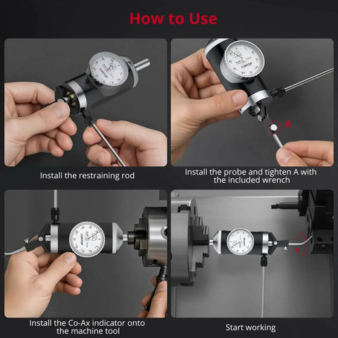 Installation steps for the Coaxial Centering Indicator For Milling And Boring Machines With 0 To 0.15 Inch Travel And 0.0005 Inch Precision, 100 RPM Coaxial Indicator With 6 Feelers For Accurate Workpiece Center Alignment XUNTOP showing tool attachment and setup process.