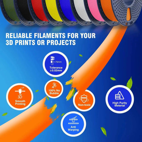 Rapid PLA Filament Bundle 2Kg 1.75mm 250g Spools Eight Color Pack displayed with features like smooth printing and non-toxic material.