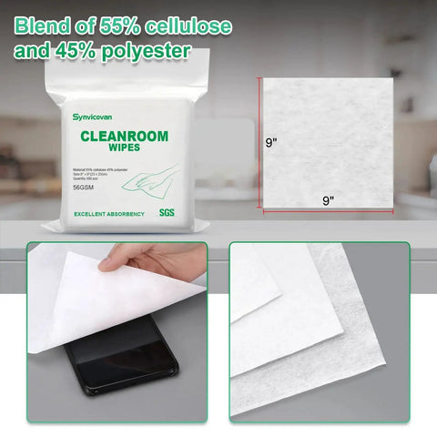 Package of 9x9 Cleanroom Wipes 300 PCS Grade B 56 GSM Nonwoven Lint Free Lab Electronics showing material blend and size