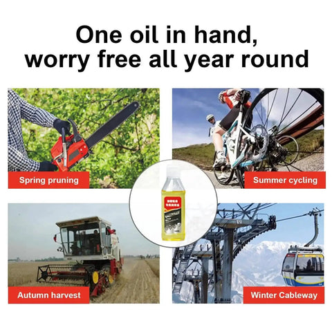 Image showing All Season Chainsaw Oil 100ml Synthetic Heavy Duty Multi Purpose Lubricant For Gas And Electric Saws 3X Rust Protection in use across seasons for pruning, cycling, harvesting, and cableway maintenance.