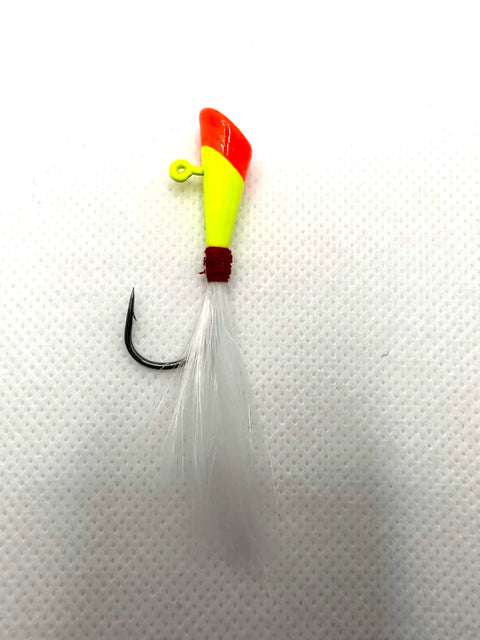 Front view of a single dart from the Assorted Darts Fishing Lures Kit With 1/4 Oz Bucktail Jigs, bright colors and feather tail.