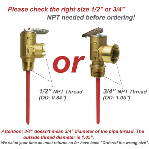 LECLOC brass temperature and pressure relief valves with red tubing, showing 1/2 in NPT and 3/4 in NPT connections.