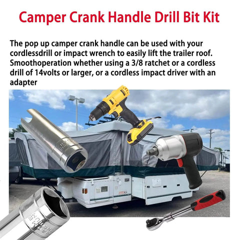 Camper Crank Handle Kit for RV universal fit with 3/8 inch socket, chrome-plated, next to drills and RV trailer in background.