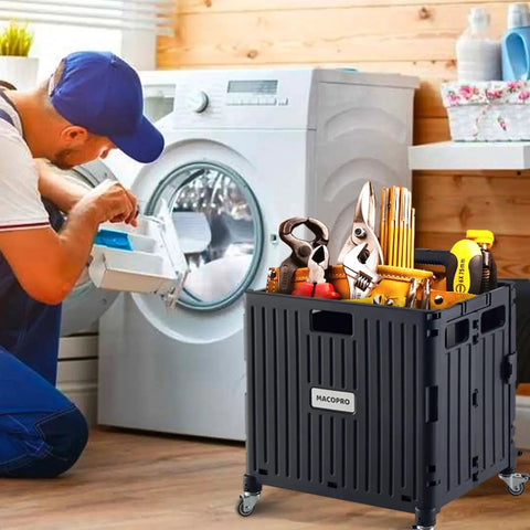 Folding Utility Cart With Lid And Basket On Four 360 Degree Rotating Wheels shown in home laundry room with tools, black